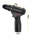 Rechargeable Cordless Drill And Electric Screwdriver Set Featuring 25 Plus 1 Torque Adjustments with adjustable chuck and measurement details.