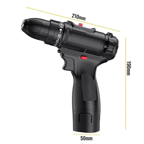 Rechargeable Cordless Drill And Electric Screwdriver Set Featuring 25 Plus 1 Torque Adjustments with adjustable chuck and measurement details.