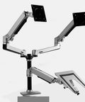 Total Game Changer Dual Articulation Monitor And Laptop Desk Stand With Slick Gas Spring Arms, aluminum build, supports dual displays.