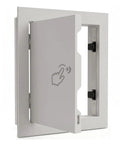 Solid Gray Metal Access Panel For Drywall 8x9 Inch Flush Mount with spring loaded hinged door open for easy access.