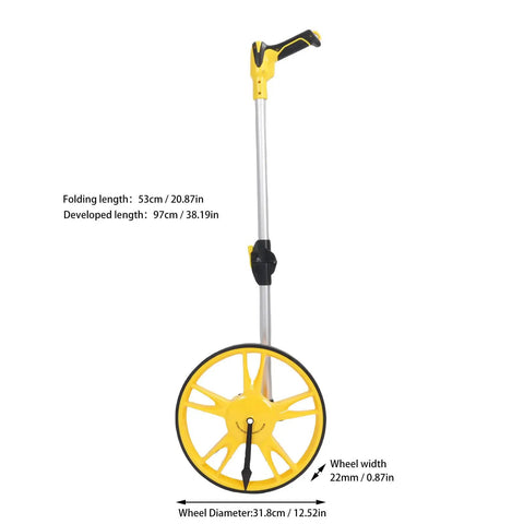 Hella Accurate Mechanical Measuring Wheel With 9999.9M Count Range, yellow wheel with adjustable handle, ideal for outdoor distance measurement.