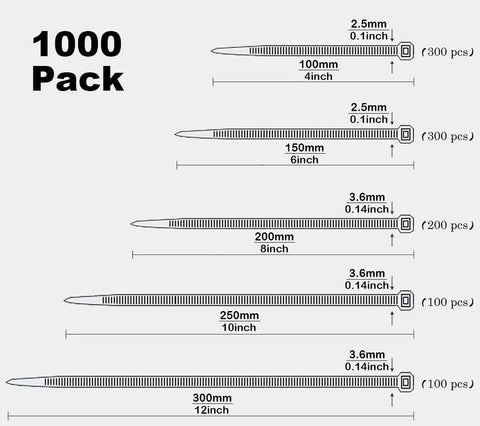 Diagram of Pro Grade Heavy Duty Nylon Cable Ties Assorted Sizes 4 6 8 10 12 Inch 1000 Pcs Black Self Locking Wire Ties