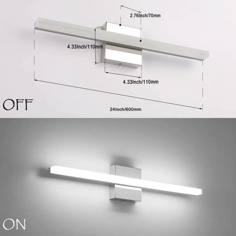 24 Inch LED Vanity Light Bar Over Mirror For Bathroom With Dope Chrome Finish, 14W, Cool White 6000K, illuminated and unlit view.