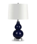Navy Glass Base Petite Table Lamp With Linen Fabric Shade In White, Satin Nickel Finish, 21.25 Inch Tall, front view.