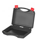 Grab And Go Portable Plastic Tool Box With Integrated Handle For One Hand Carry, open black PP container, red latches visible