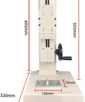 Manual Force Gauge Stand With Digital Force Gauge 300mm Stroke 1000N Capacity Tension And Compression Testing USB Data Output LCD Backlit Display Stores Up To 999 Peak Readings Great For Lab Or Workshop Use, front view with 250mm base and 555mm frame
