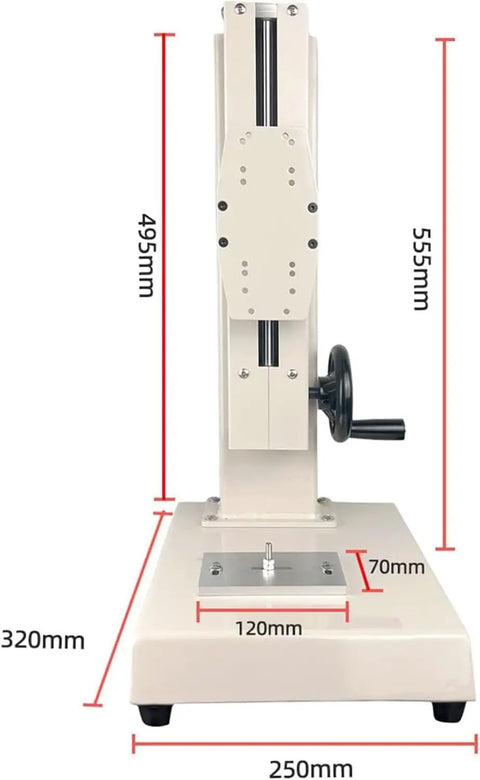 Manual Force Gauge Stand With Digital Force Gauge 300mm Stroke 1000N Capacity Tension And Compression Testing USB Data Output LCD Backlit Display Stores Up To 999 Peak Readings Great For Lab Or Workshop Use, front view with 250mm base and 555mm frame