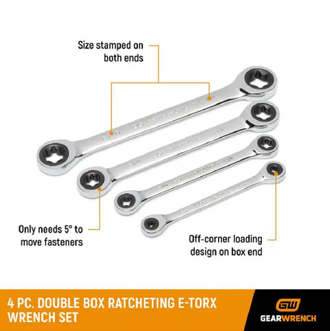 4 Piece Double Box Ratcheting E-Torx Wrench Set For Gearheads, 72-Tooth Ratchet With A 5 Degree Swing, Off Corner Loading