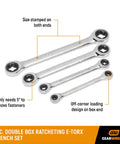 4 Pc Double Box Ratcheting Wrench Set SAE With 72 Tooth Ratchet And Dual Size Ends displayed with size stamps and 5° move-off