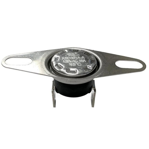 Midwest Hearth fireplace blower thermal switch; round metal housing with mounting flanges and dual terminals.