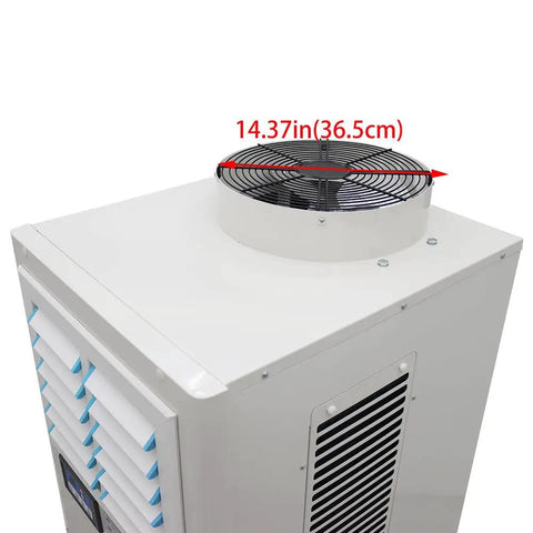 Top view of Rugged Portable Industrial Air Conditioner Loaded With A Massive Water Reservoir And Heavy Duty Caster Wheels Commercial Spot Cooler.