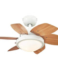 24 Inch Ceiling Fan With Light In White Finish, Dimmable LED Fixture, Opal Frosted Glass, Reversible White And Beech Blades, Space Saver