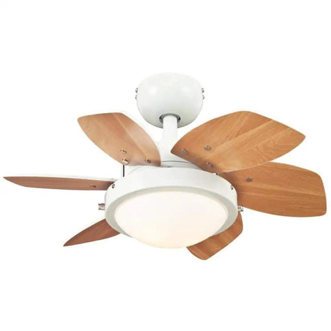 24 Inch Ceiling Fan With Light In White Finish, Dimmable LED Fixture, Opal Frosted Glass, Reversible White And Beech Blades, Space Saver