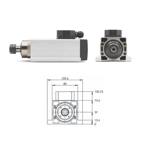 Two Point Two Kilowatt ER20 Air Cooled Spindle Motor 24000 RPM 220V Square Type With Ceramic Ball Bearings For CNC Gearheads Inverter Ready Grounding Required VFD Compatible For Easy Setup, showing side, front view with technical dimensions