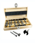 Top Shelf 16 Piece Forstner Bit Set Tank Built Heat Treated Carbon Steel Woodworking Drill Bits displayed in wooden case.