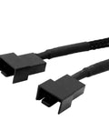 Close-up of 2 Pack 4 Pin To Dual 3 Pin And 4 Pin PWM PC Case Fan Splitter Cable For 12V Cooling with black sleeved Y connector.