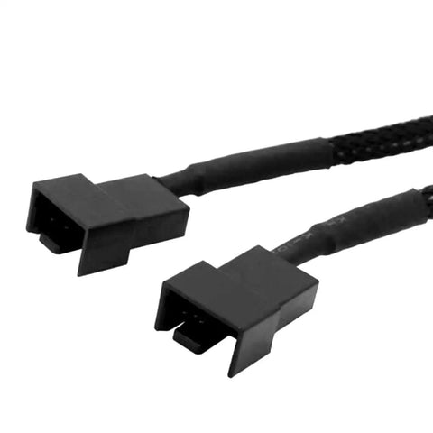 Close-up of 2 Pack 4 Pin To Dual 3 Pin And 4 Pin PWM PC Case Fan Splitter Cable For 12V Cooling with black sleeved Y connector.