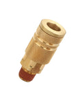 Close-up of brass one quarter inch NPT male air hose fittings quick coupler set heavy duty industrial grade