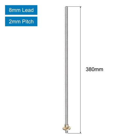 Stainless Steel Lead Screw 380mm 15in With Brass Nut T8 Acme Tr8x8 For 3D Printer Z Axis And CNC Machines 2mm Pitch 8mm Lead showing dimensions
