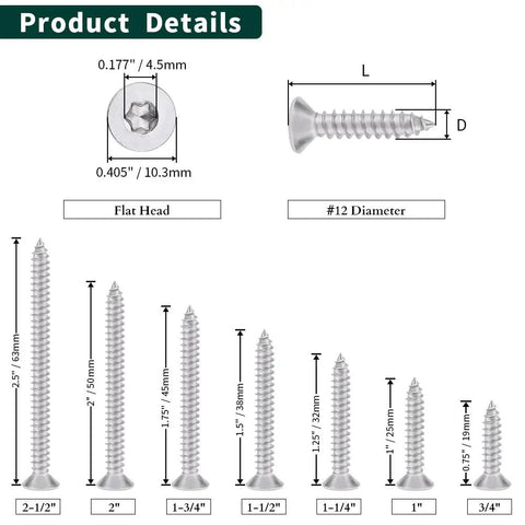 Heavy Duty Pro Grade Size 12 By 2 Inch Flat Head Torx Self Tapping Screws Built Tough 304 Stainless Steel dimensions displayed.