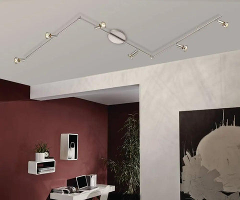 Buzz 74 Inch Track Light With 6 Adjustable LED Heads, Dimmable, Wall And Ceiling Fixture In Satin Nickel Installed in Room
