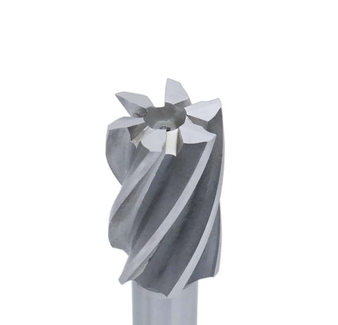 End mill (HSS) with six flutes and a 3/4 in shank, close-up of cutting head