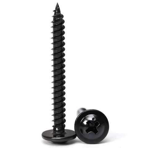 Flat Head Self Tapping Wood Screws Size 8 Three Quarters Inch, black oxide finish, close-up of threaded and countersunk head view