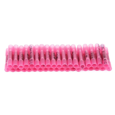 Hella Reliable Heat Shrink Wire Connectors And Electrical Terminals Assortment Kit with pink insulated sleeves stacked in rows.