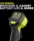 LCD screen detail of Badass 40V Cordless Backpack Leaf Blower With Brushless Motor showing battery life and mode settings.