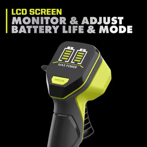 LCD screen detail of Badass 40V Cordless Backpack Leaf Blower With Brushless Motor showing battery life and mode settings.
