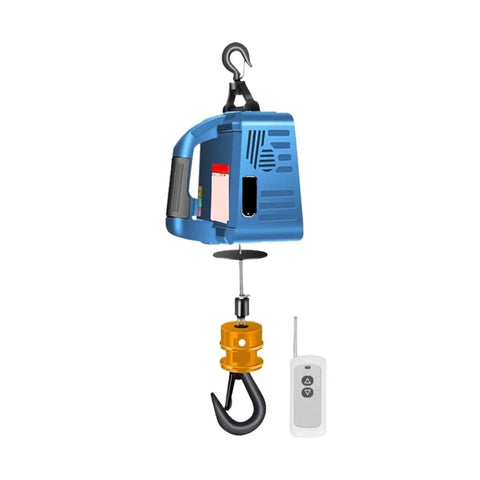 Heavy Duty 500kg Electric Hoist Cable Real Winch Lifter With Wireless Remote Control showcasing remote and steel hook for lifting.
