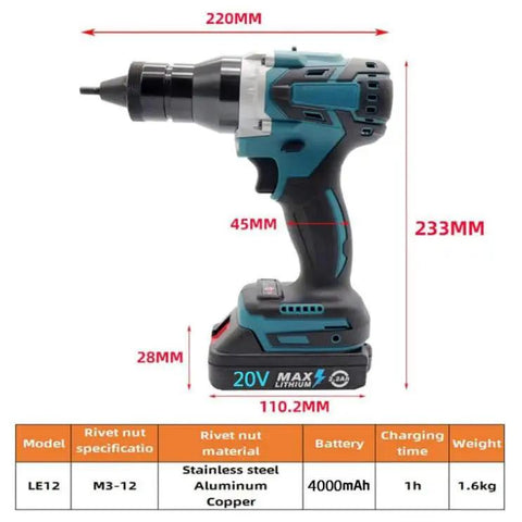Side view of Badass Cordless Electric Rivet Gun For M3 Through M12 Nutserts with battery specs and dimensions displayed.