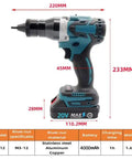 Built Tough Heavy Duty Cordless Electric Rivet Gun With 26V Rechargeable Battery And 5200 Mah Pack side view with dimensions for M3 to M12 rivet nuts.
