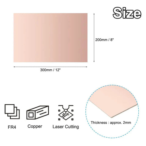 8x12 Inch Single Sided Copper Clad Laminate PCB Set Of 2, FR4 Copper Plated Universal Circuit Prototype Board For Etching And DIY Maker PCB Kits, 2mm Thick For Prototyping dimensions and details