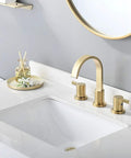 Two Handles 8 Inch Widespread Bathroom Faucet In Brushed Gold Finish With Valve And Metal Pop Up Drain Three Hole Mount Eight Inch Center Spread Sleek Modern Diy Bathroom Upgrade displayed on white sink against gray wall