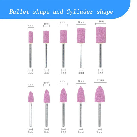 20 Piece Rotary Grinding Stone Bits Set With One Eighth Inch Shank, Cylinder and Bullet Shapes, 4mm to 12mm Head Diameters