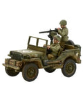 Ford GPW Inspired US Army 4x4 Go Anywhere Vehicle With 30 Cal MMG Metal Infantry Miniatures Kit 1:56 Scale 28mm Requires Assembly And Painting Includes One Vehicle And Two Crew Figures model in green.