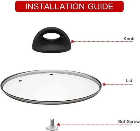 Installation guide for Pot Lid Knob Replacement For Crockpot And Slow Cooker Lids, showing knob, lid, and set screw components.