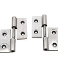Hinges, two 304 stainless steel heavy-duty with mounting holes (front view).