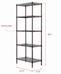 Five Tier Heavy Duty Storage Rack In Black 550 Lb Capacity Top Shelf Carbon Steel Workhorse Shelving with adjustable height, 21.3 x 11.4 x 59.1 inches.