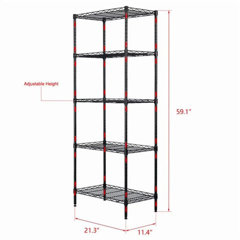Five Tier Heavy Duty Storage Rack In Black 550 Lb Capacity Top Shelf Carbon Steel Workhorse Shelving with adjustable height, 21.3 x 11.4 x 59.1 inches.
