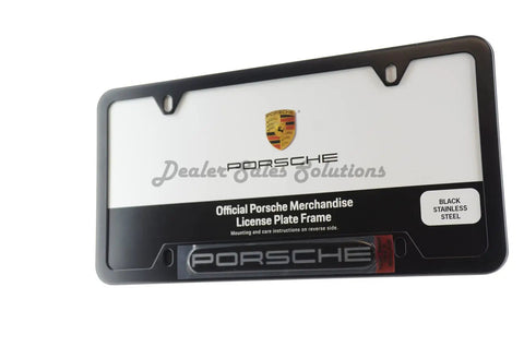 Porsche stainless steel nameplate license frame matte black finish with universal mounting holes and matching hider caps frame only bolts not included