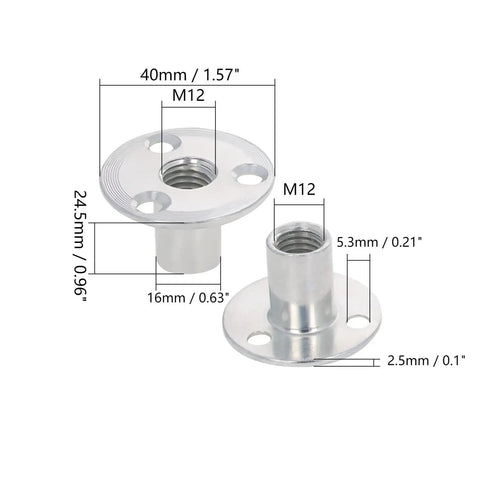 Pack Of Five M12 Brad Hole Tee Nuts Heavy Duty Industrial Grade Carbon Steel Furniture Hardware dimensions showing 40mm footprint