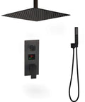 Badass Matte Black Ceiling Mount Shower System With Digital Display Mixer Tap And Ultra Thin Rainfall Head delivering epic pressure view showing overhead shower and handheld sprayer