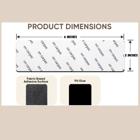 Dimensions of 16 Pack Anti Slip Rug Tape Double Sided Carpet Grip For Hardwood Floors And Tiles Prevents Slipping Curling And Bunching On Area Rugs No Slip Pad That Stays Put, showing fabric-based adhesive and PU glue.