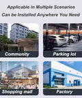 Four images showing installation scenarios for Heavy Duty Outdoor EV Charger Pedestal: community, parking lot, shopping mall, factory.