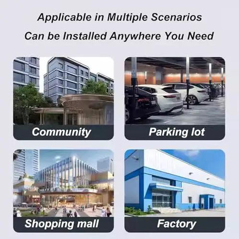 Four images showing installation scenarios for Heavy Duty Outdoor EV Charger Pedestal: community, parking lot, shopping mall, factory.