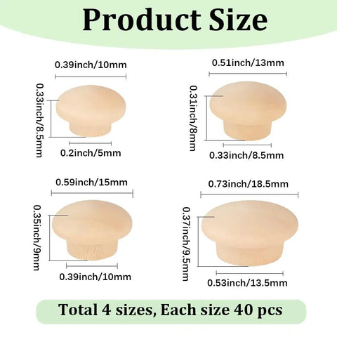 Product sizes of 160 Pcs Wood Hole Plugs Set Four Styles One Half Inch Two Fifths Inch Three Fifths Inch Three Quarters Inch