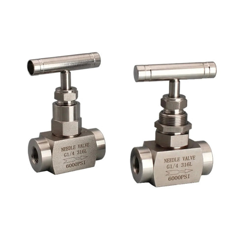 Two stainless steel needle valves with T-handle, G1/4 316L, 6000 PSI, front view