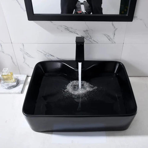 Matte Black Vessel Sink With Faucet And Drain Combo For Bathroom, 19 By 15 Inches Rectangular Above Counter Ceramic Art Basin